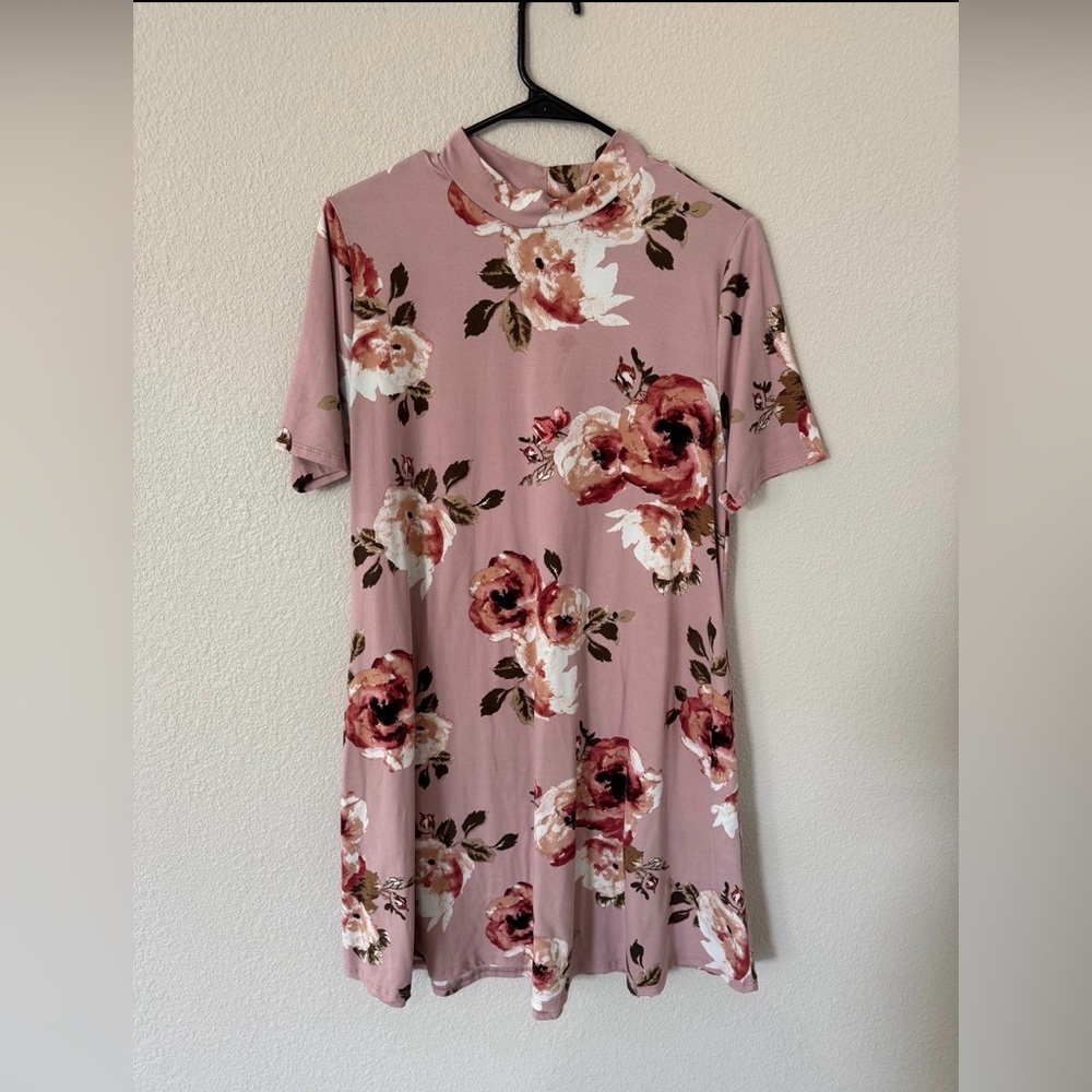 Floral Mauve Pink Mock Neck Dress Women’s Large Short Sleeve Fit & Flare